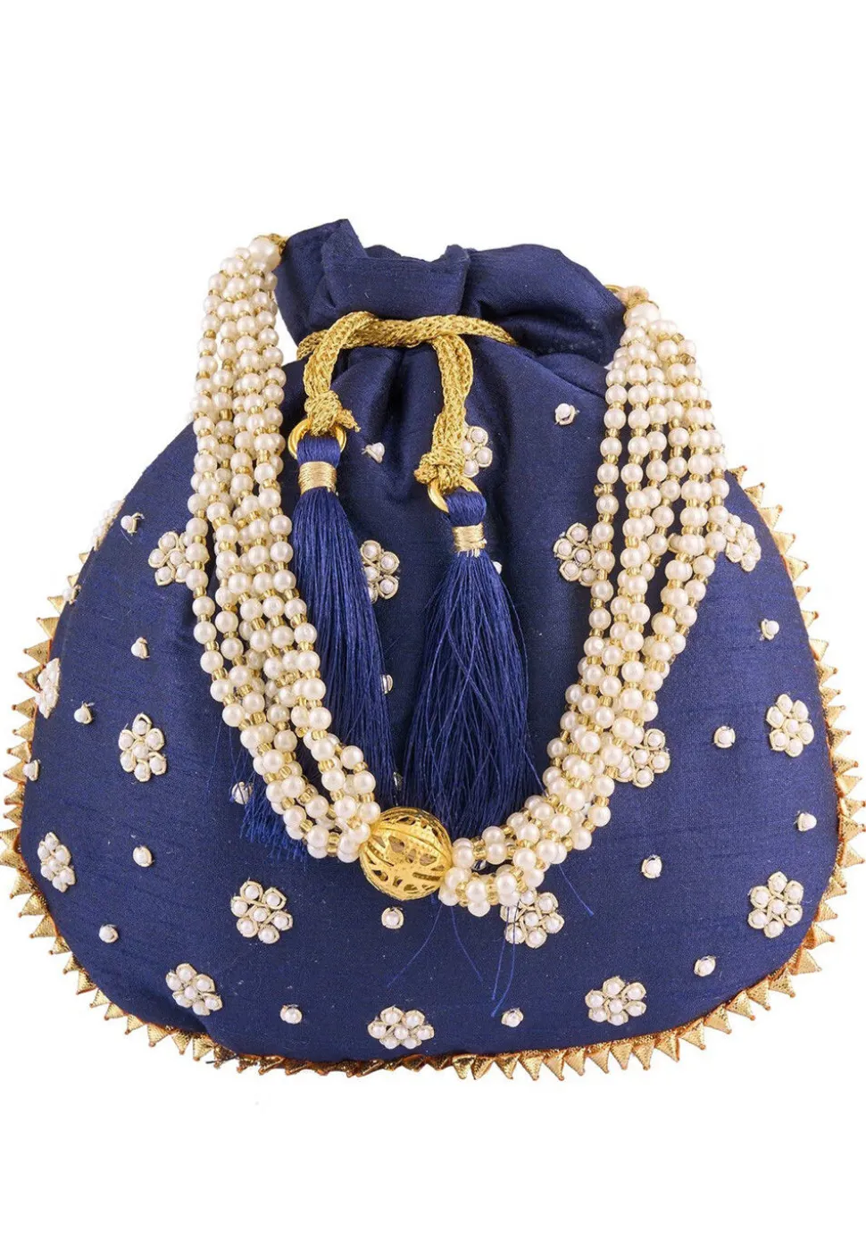 Hand Embroidered Art Silk Potli Bag in Navy Blue