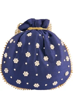 Hand Embroidered Art Silk Potli Bag in Navy Blue