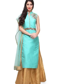 Hand Embroidered Art Silk Lehenga in Turquoise