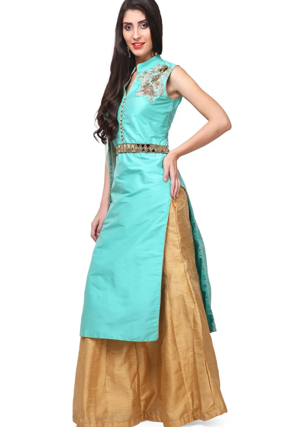 Hand Embroidered Art Silk Lehenga in Turquoise