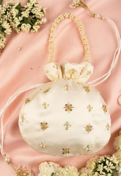 Hand Embroidered Art Silk Potli Bag in Off White