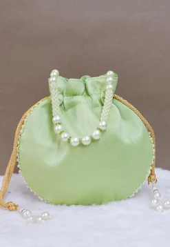 Hand Embroidered Art Silk Potli Bag in Light Green