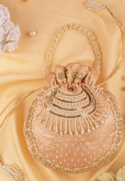 Hand Embroidered Art Silk Potli Bag in Rose Gold