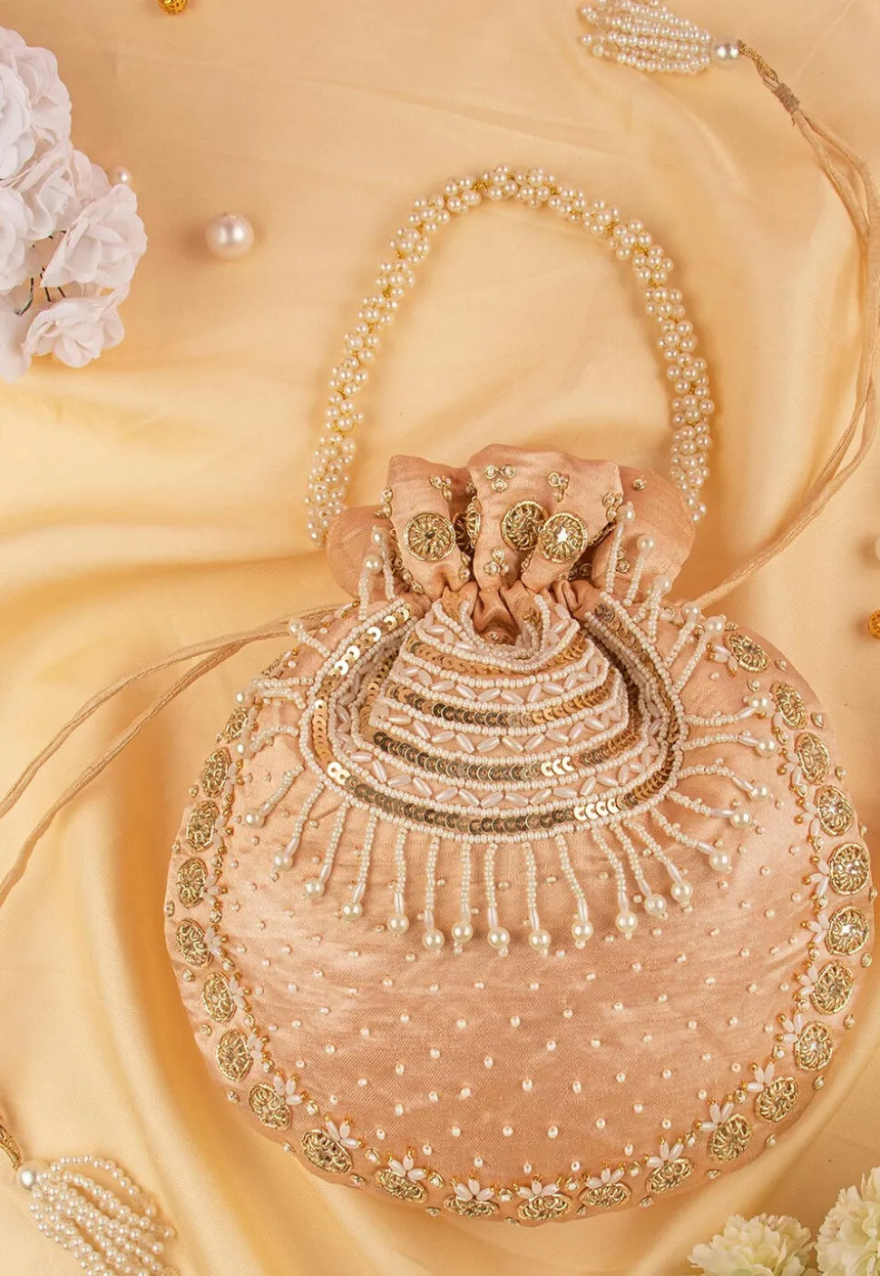 Hand Embroidered Art Silk Potli Bag in Rose Gold