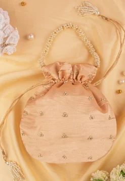 Hand Embroidered Art Silk Potli Bag in Rose Gold