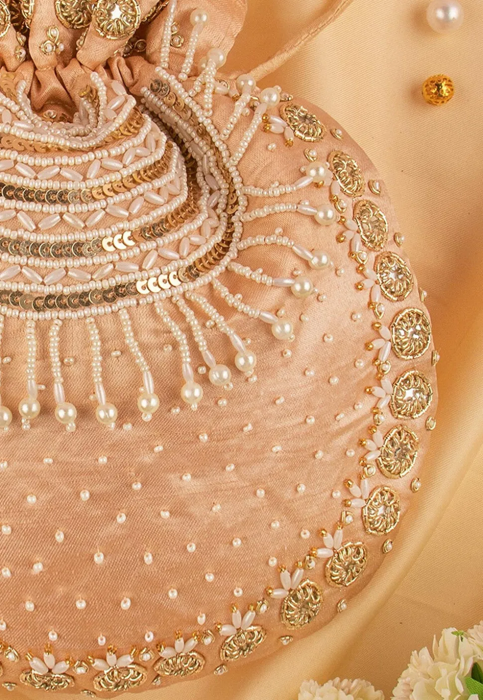 Hand Embroidered Art Silk Potli Bag in Rose Gold