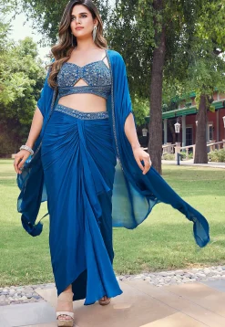 Hand Embroidered Art Silk Crop Top Set in Teal Blue