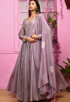 Hand Embroidered Art Silk Gown with Attached Dupatta in Purple