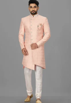 Hand Embroidered Art Silk Asymmteric Sherwani in Light Peach