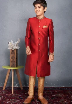 Hand Embroidered Art Silk Sherwani in Red