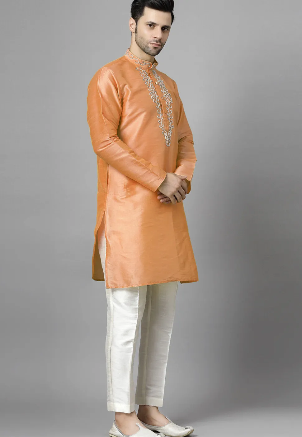 Hand Embroidered Art Silk Kurta Set in Orange