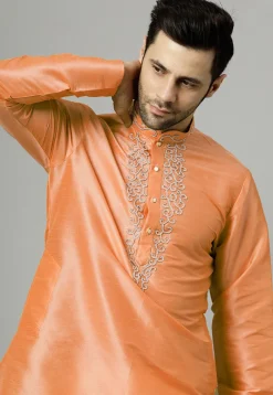 Hand Embroidered Art Silk Kurta Set in Orange