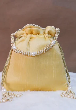 Hand Embroidered Art Silk Potli Bag in Beige