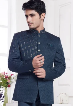 Hand Embroidered Art Silk Jacquard Jodhpuri Jacket in Teal Blue