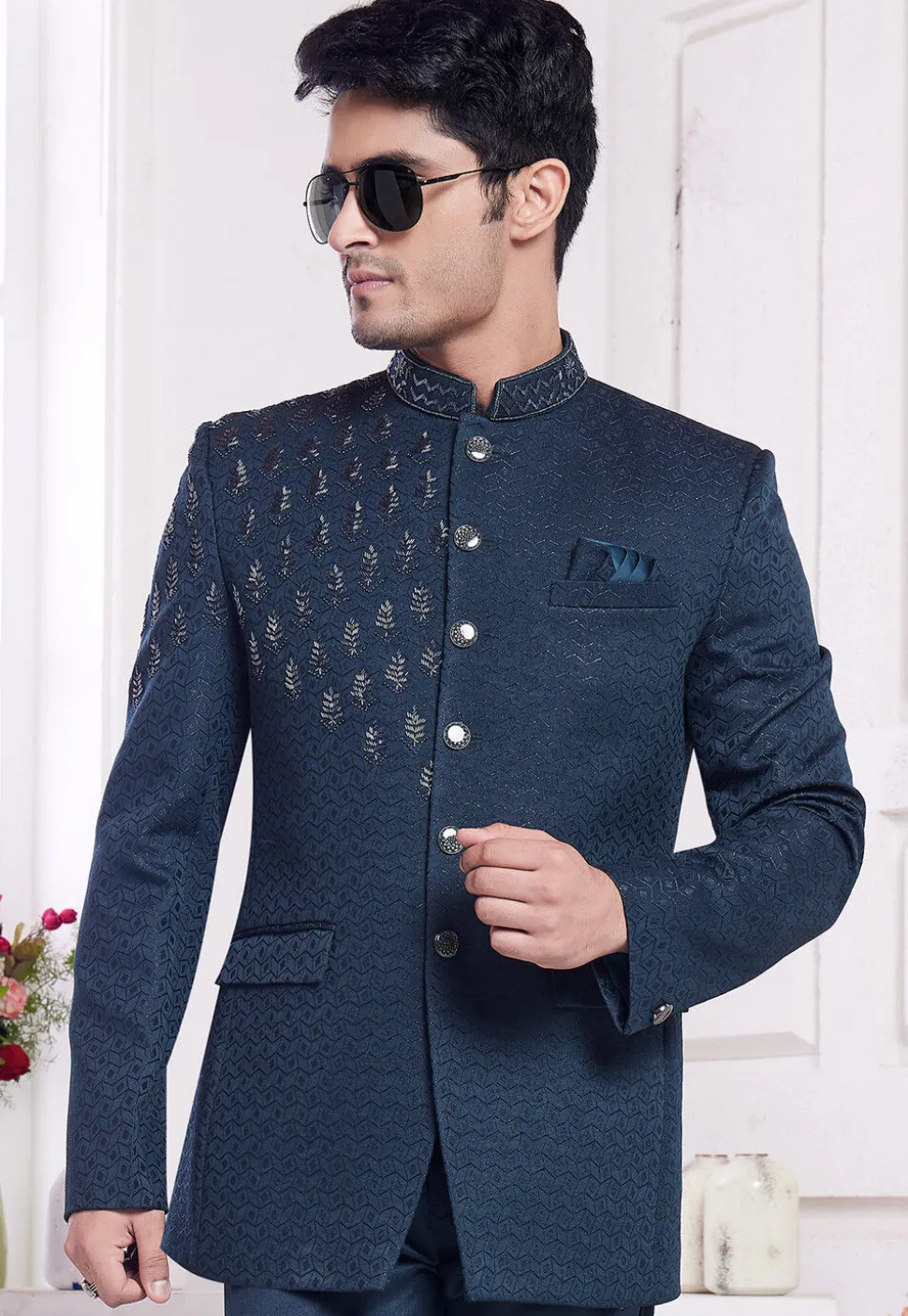 Hand Embroidered Art Silk Jacquard Jodhpuri Jacket in Teal Blue