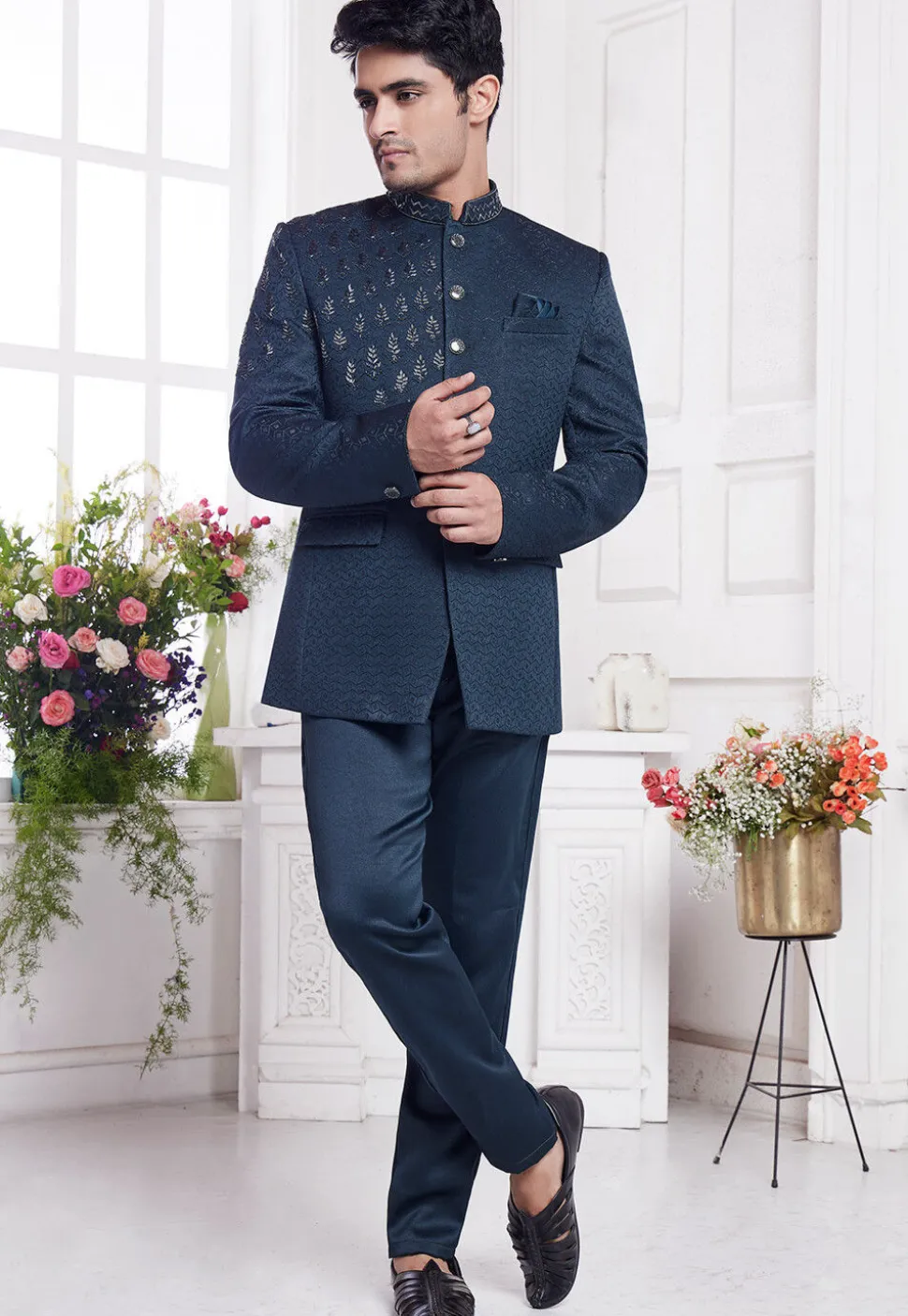 Hand Embroidered Art Silk Jacquard Jodhpuri Jacket in Teal Blue