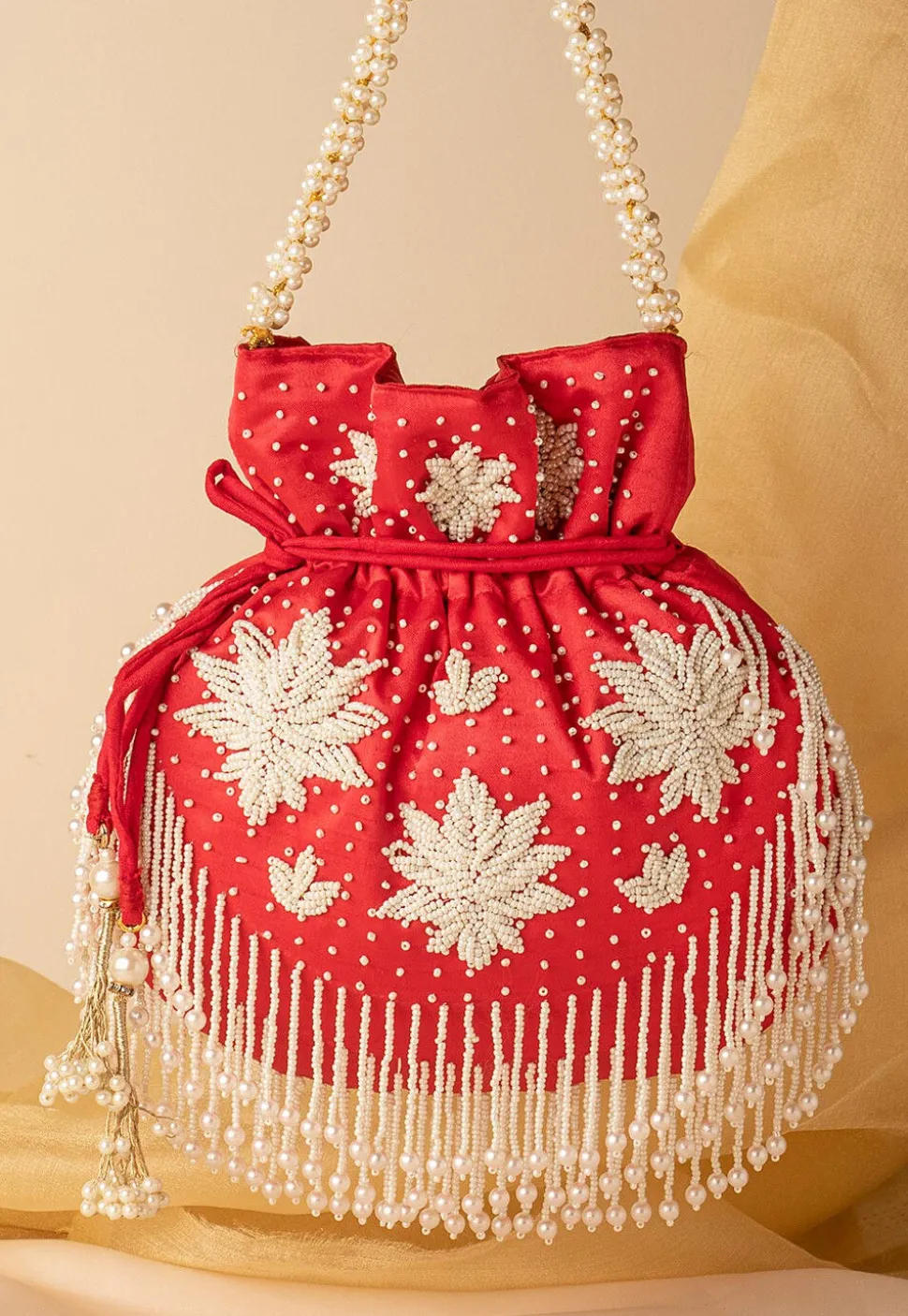Hand Embroidered Art Silk Potli Bag in Red