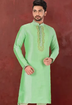 Hand Embroidered Art Silk Kurta in Pastel green