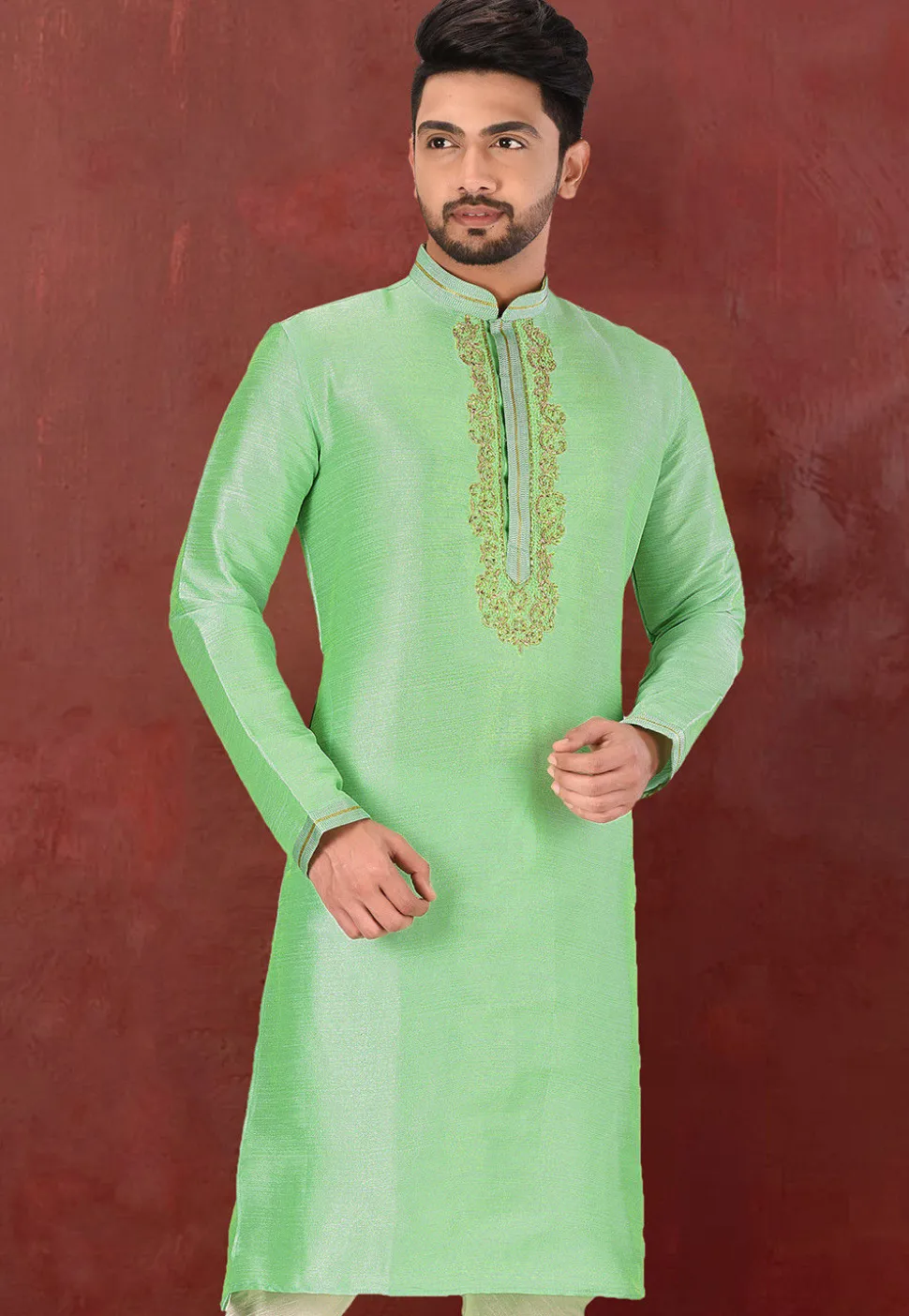 Hand Embroidered Art Silk Kurta in Pastel green