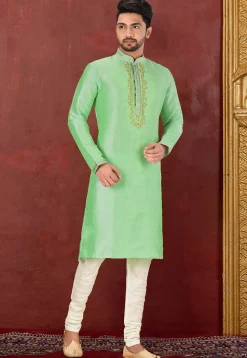 Hand Embroidered Art Silk Kurta in Pastel green