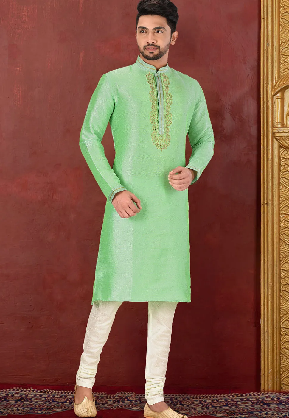Hand Embroidered Art Silk Kurta in Pastel green