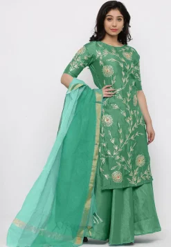 Hand Embroidered Art Silk Lehenga in Sea Green