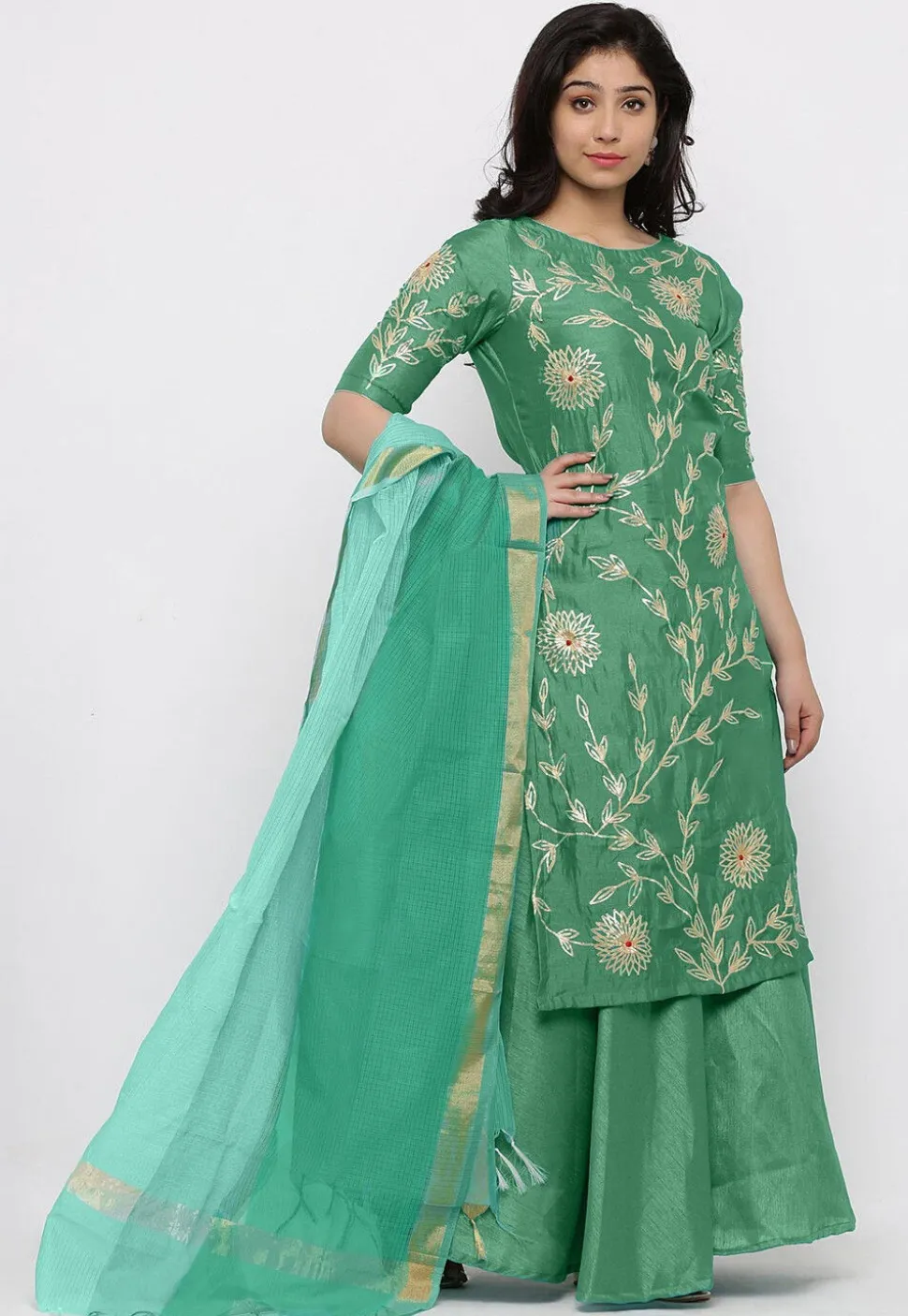 Hand Embroidered Art Silk Lehenga in Sea Green