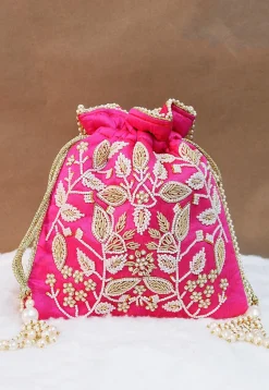 Hand Embroidered Art Silk Potli Bag in Fuchsia
