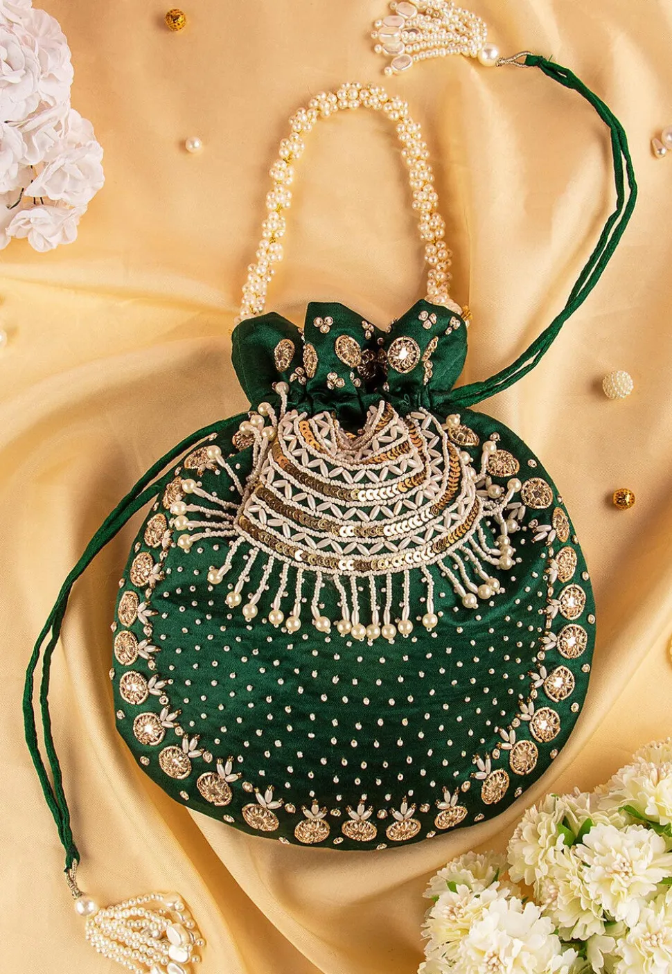 Hand Embroidered Art Silk Potli Bag in Dark Green