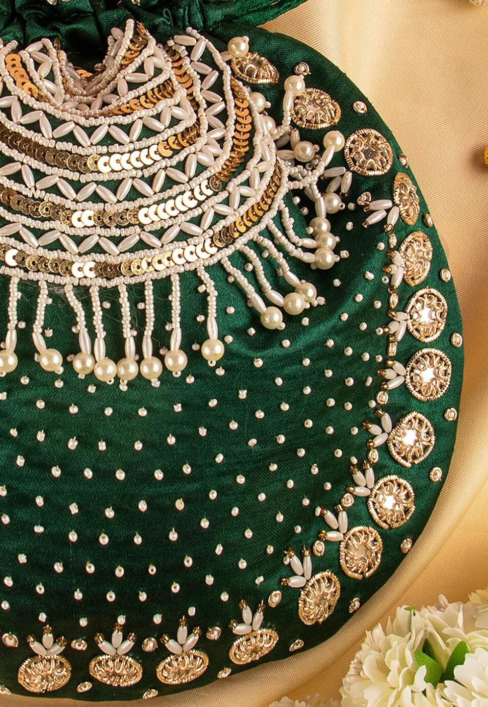 Hand Embroidered Art Silk Potli Bag in Dark Green