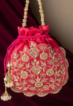 Hand Embroidered Art Silk Potli Bag in Fuchsia