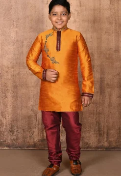 Hand Embroidered Art Silk Kurta in Mustard