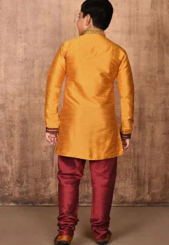 Hand Embroidered Art Silk Kurta in Mustard