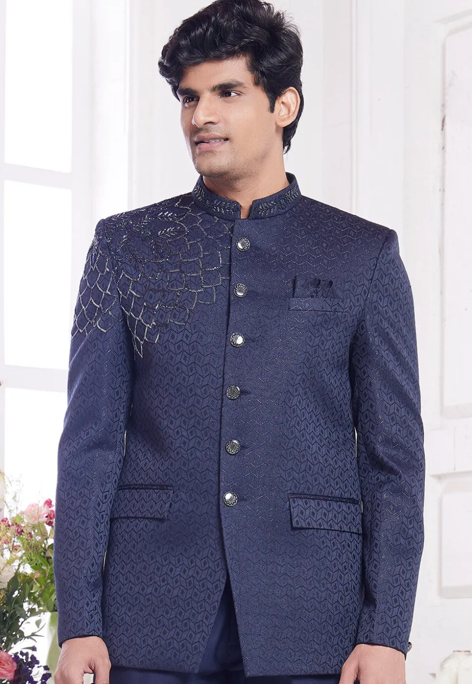 Hand Embroidered Art Silk Jacquard Jodhpuri Suit in Navy Blue