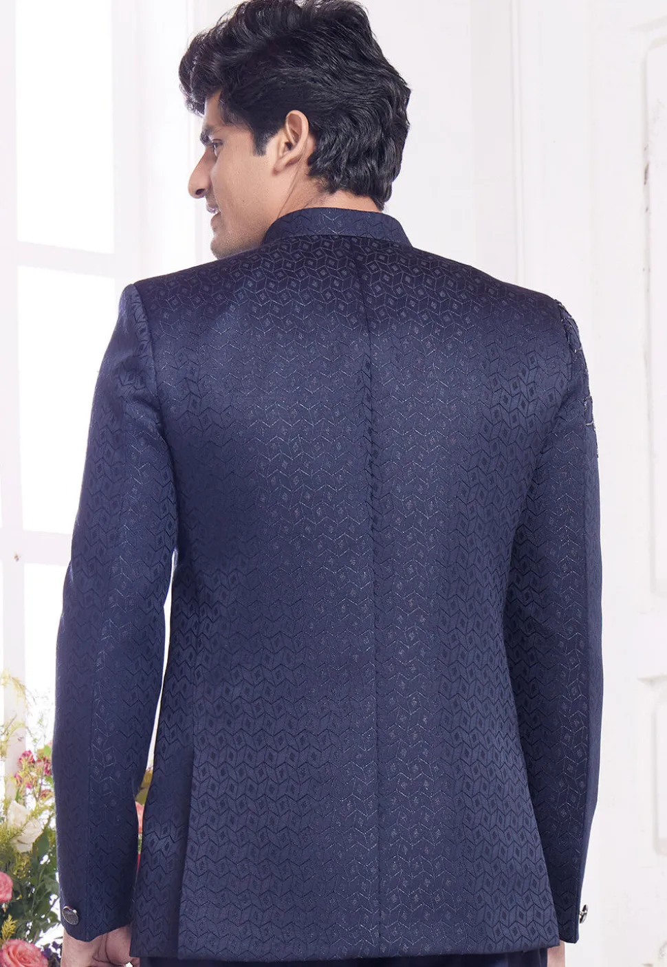 Hand Embroidered Art Silk Jacquard Jodhpuri Suit in Navy Blue