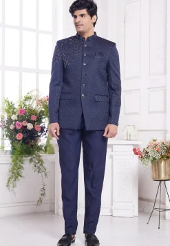 Hand Embroidered Art Silk Jacquard Jodhpuri Suit in Navy Blue