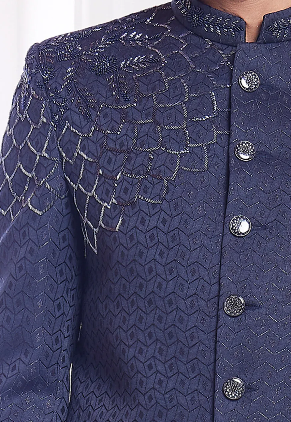 Hand Embroidered Art Silk Jacquard Jodhpuri Suit in Navy Blue