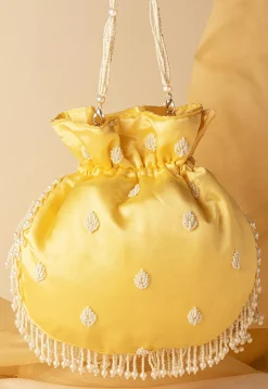 Hand Embroidered Art Silk Potli Bag in Pastel Yellow