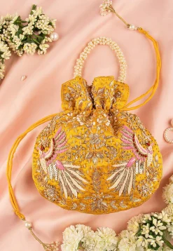 Hand Embroidered Art Silk Potli Bag in Yellow