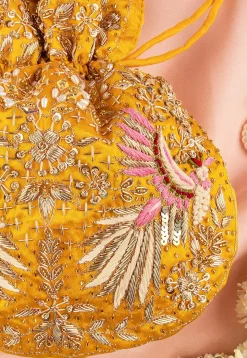 Hand Embroidered Art Silk Potli Bag in Yellow