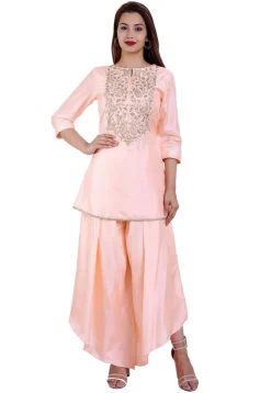 Hand Embroidered Art Silk A Line Kurti in Baby Pink