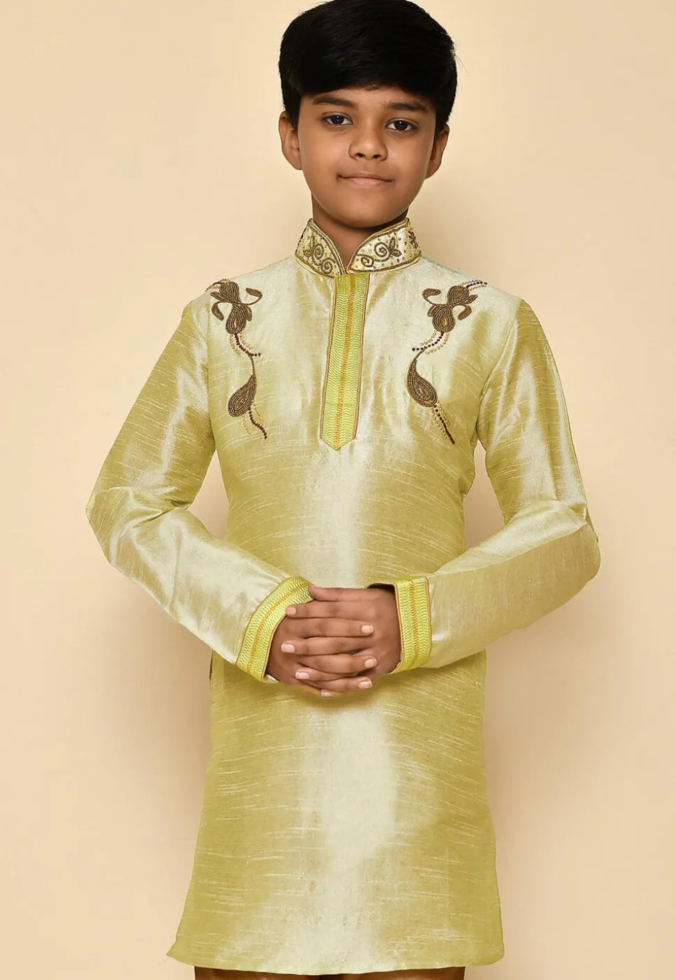 Hand Embroidered Art Silk Kurta Set in Pastel Green