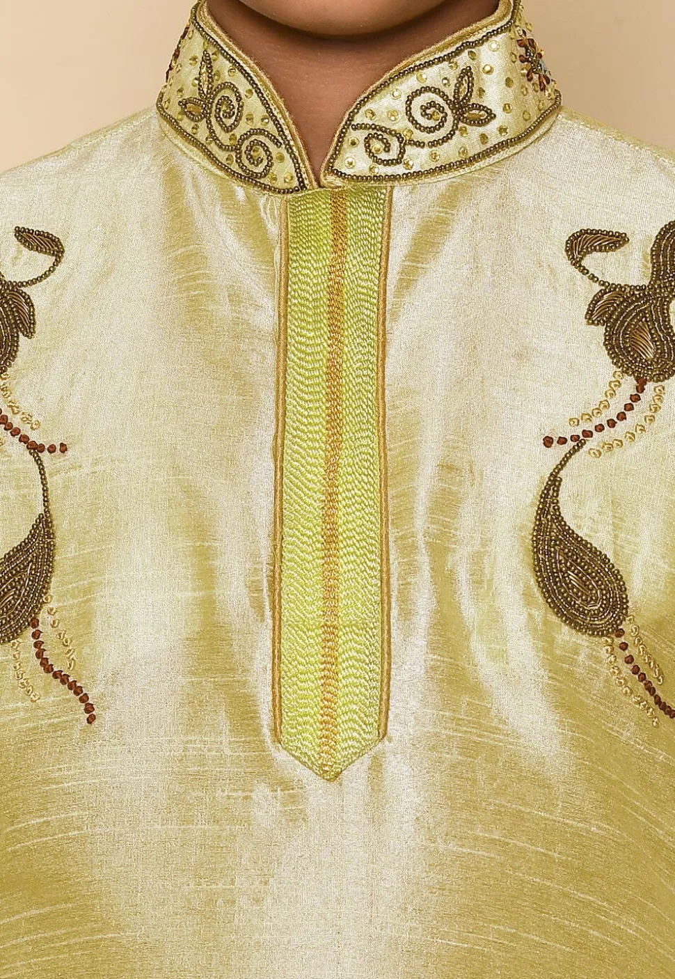 Hand Embroidered Art Silk Kurta Set in Pastel Green