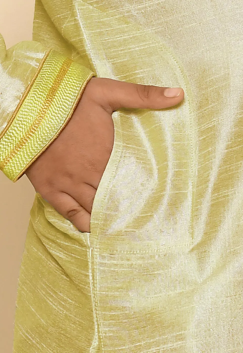 Hand Embroidered Art Silk Kurta Set in Pastel Green