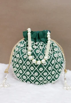 Hand Embroidered Art Silk Potli Bag in Dark Green