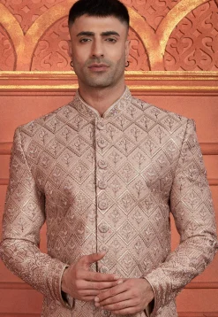 Hand Embroidered Art Silk Sherwani in Pink