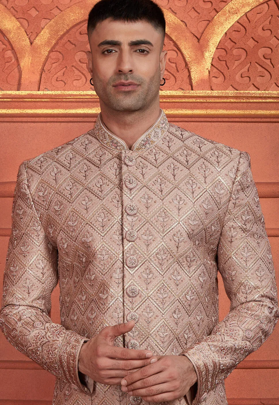Hand Embroidered Art Silk Sherwani in Pink