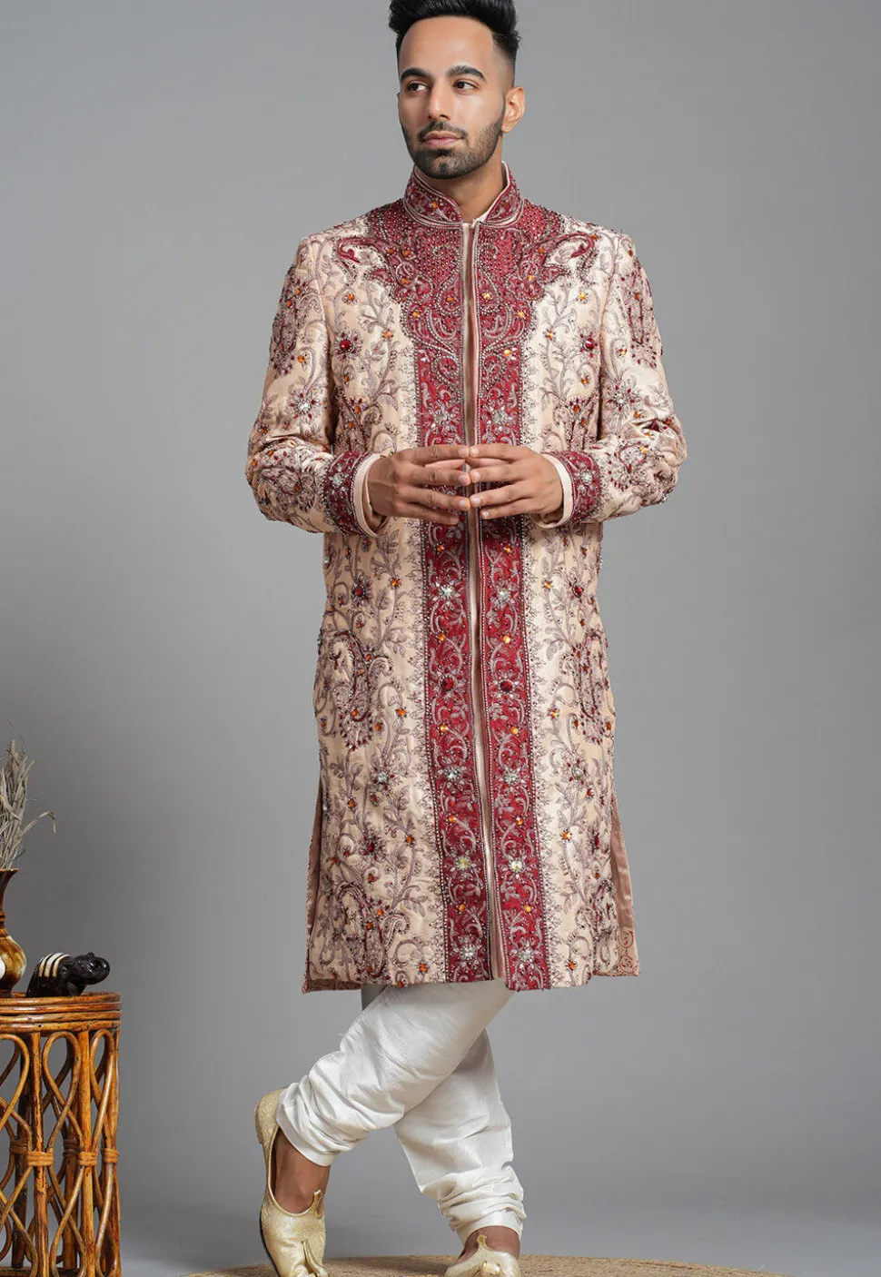 Hand Embroidered Art Silk Sherwani in Peach