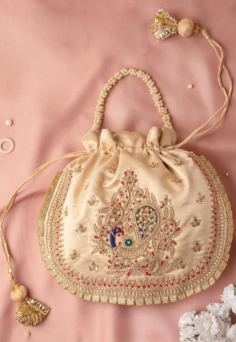 Hand Embroidered Art Silk Potli Bag in Beige