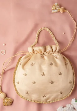 Hand Embroidered Art Silk Potli Bag in Beige